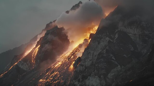 A timelapse video of a volcano steadily erupting with multiple pyroclastic flows cascading down its slopes.