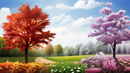 landscape with two prominent trees in contrasting colors: one with red leaves and the other with pink flowers.