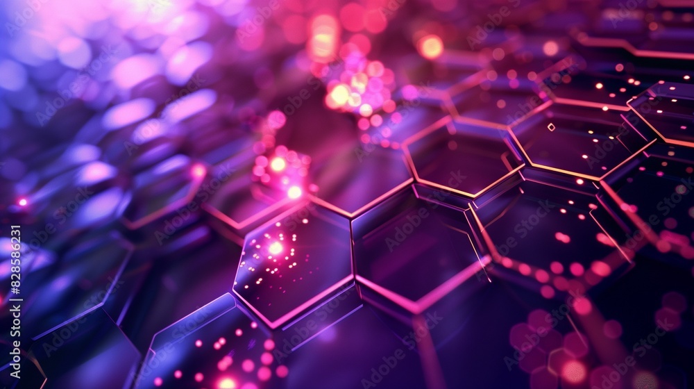 Poster 3d abstract background with hexagonal patterns and pink-purple lighting