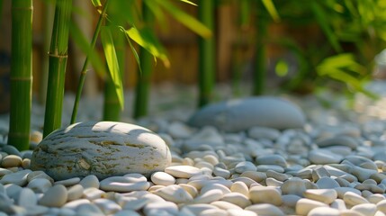 Background with calm zen garden with bamboo and pebbles