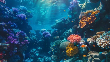 Vibrant underwater coral reef scene with colorful corals and sunlight rays