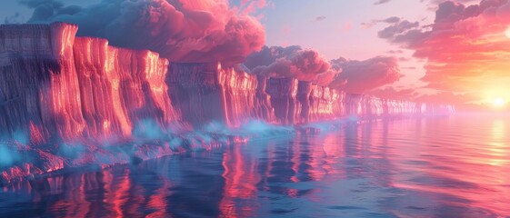 Spectacular sunset over icy cliffs and calm waters, with glowing pink and purple clouds reflecting on the serene ocean surface.