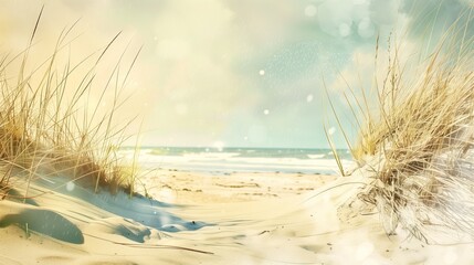 Nature background with sunny beach scene with sand textures and green plants by the shore