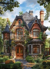 Obraz premium Stone and Brick House with Lush Greenery