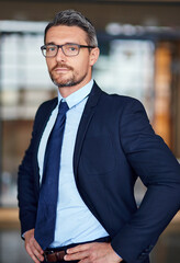 Fototapeta premium Office, portrait and confident businessman with trust, opportunity and legal advisor at law firm. Lawyer, attorney and mature man with professional pride, about us and consultant at government agency
