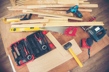 DIY craftsperson wood heap carpenter objects woodwork handyman desk. Architect tools with ruler...