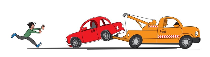 Illustration of a fearful man running after a tow truck that has just taken away his car	