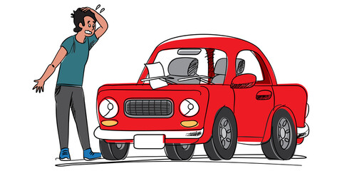 a frustrated looking person standing beside his red car which has a parking ticket wedged underneath the windscreen wiper