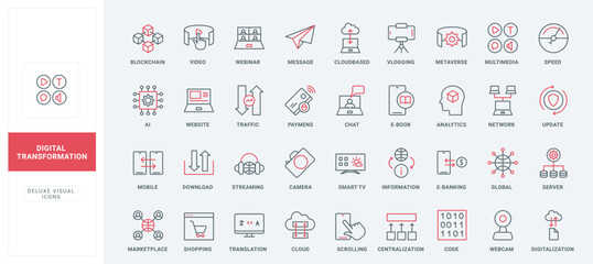 Digital data and AI services, smart solution for software engineering and development line icons set. Global exchange of information and change thin black and red outline symbols vector illustration