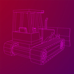 Big front-end loader bulldozer. Heavy equipment machine and manufacturing equipment for mining. Wireframe low poly mesh vector illustration.