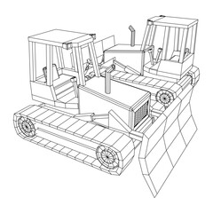 Big front-end loader bulldozer. Heavy equipment machine and manufacturing equipment for mining. Wireframe low poly mesh vector illustration.