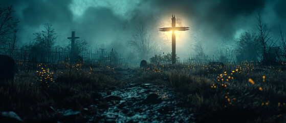 A graveyard with a cross and two graves