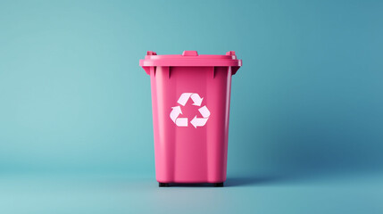 Green plastic recycle bin eco banner with copy space isolated on blue background, generative AI