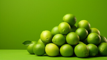 Whole limes, isolated on green background, generative AI