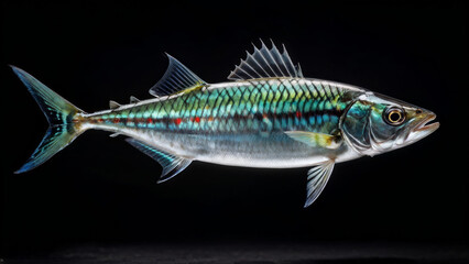 Fototapeta premium a fish with distinctive features such as a slender body, silvery scales, yellow fins and black stripes running along its body.