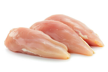 Three uncooked chicken breasts placed on isolated white background