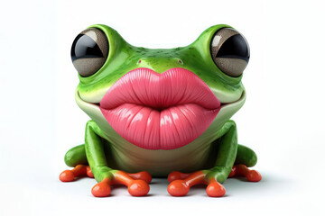 Green Frog with big lips make kiss Isolated on white background