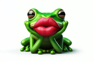Green Frog with big lips make kiss Isolated on white background