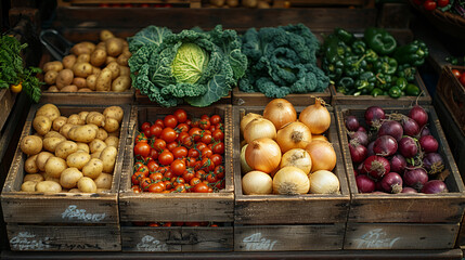 Various fruits and vegetables, carrots, cabbage, onions, potatoes neatly organized in wooden boxes