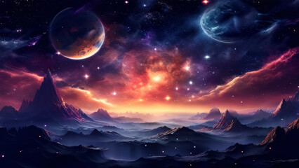 Naklejka premium The night sky, studded with stars and nebulae, over a mountainous landscape. The silhouette of a man standing on one of the peaks looking up at the sky is seen in the foreground.