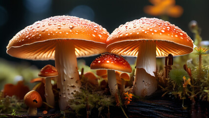 a group of red mushrooms with white spots known as fly agaric mushrooms or Amanita muscaria. - Powered by Adobe