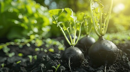 close-up of black radish on the plot. Selective focus