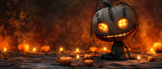 A scary pumpkin with a scary face sits in front of a bunch of pumpkins - Powered by Adobe
