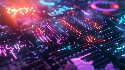 Fototapeta premium Glowing Neon Circuit Lines Overhead: Futuristic Technology Concept Illuminating the Digital Landscape with Vibrant Energy and Connectivity, Perfect for Tech Innovation Themes