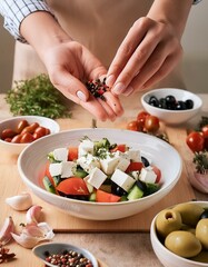 A Woman Skilfully Prepares a Mediterranean Cuisine Greek Salad Dish On Her Kitchen Table