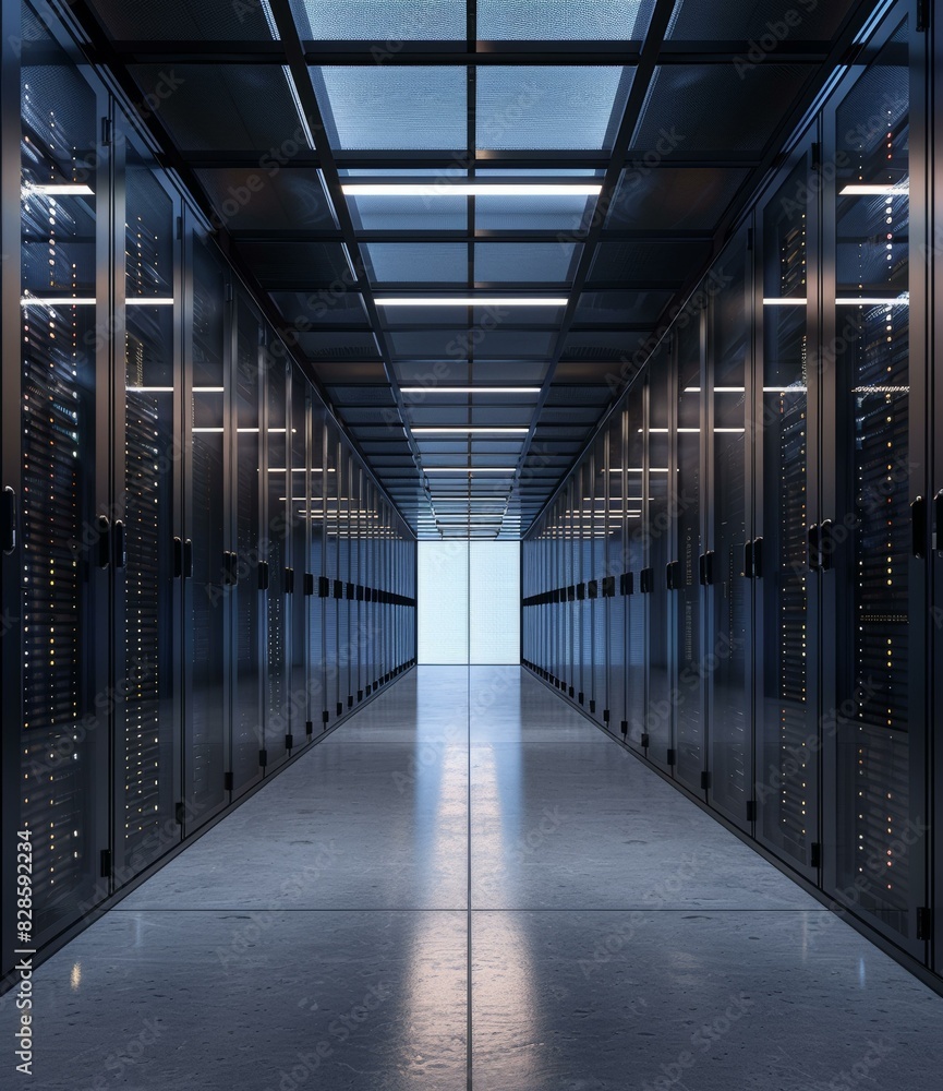 Poster futuristic technology server room with supercomputers