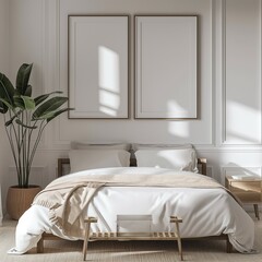 Frame mockup, modern home bedroom interior with bed, wall poster frame, 3D render