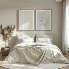 Frame mockup, modern home bedroom interior with bed, wall poster frame, 3D render