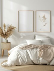Frame mockup, modern home bedroom interior with bed, wall poster frame, 3D render