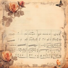 vintage background with rose and notes