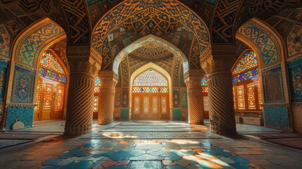 Obraz premium Beautiful interior of an ornate mosque with intricate patterns, colorful windows, and sunlight streaming through, creating a serene atmosphere.
