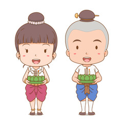 Cute couple cartoon in traditional Thai costume for Loy Krathong Festival.