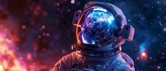 Astronaut in vibrant space suit with colorful cosmic reflections in helmet, surrounded by stunning nebulae and glowing stars.