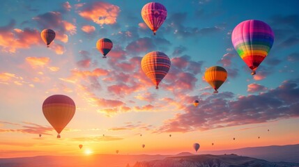 Colorful hot air balloons soaring in sunrise sky above cappadocia, stunning travel adventure view