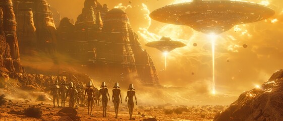 Ancient alien civilization in a futuristic landscape with glowing UFOs and extraterrestrial beings exploring a desert-like terrain.