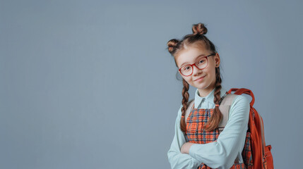 cute teen girl dressed in school form looking at camera with arm crossed, isolated on gray color background with empty space for logo or text, copy space