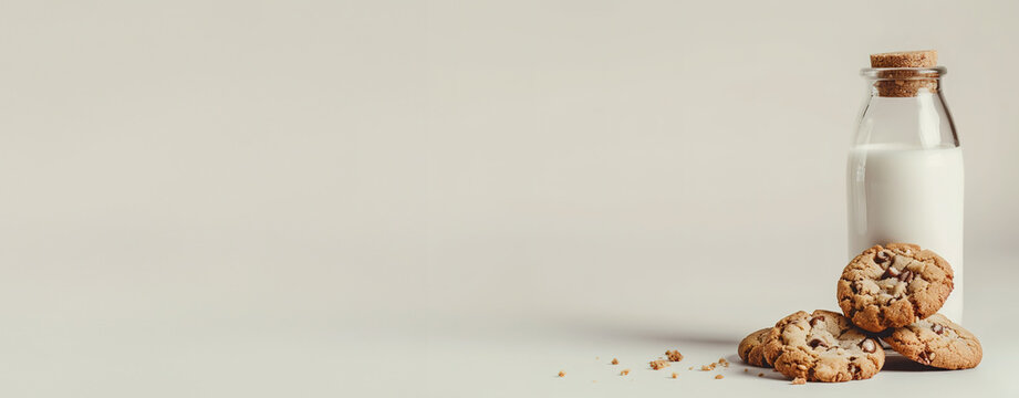 A bottle of milk and chocolate chip cookies on a plain background with ample space for text. - Powered by Adobe