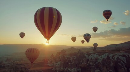 Vibrant hot air balloons in sunrise sky above cappadocia, realistic travel photo
