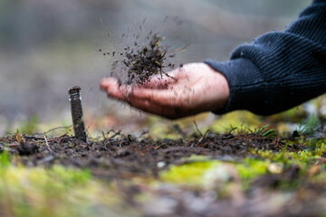 Holding soil in a hand, feeling compost in a field in Tasmania Australia.