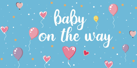 baby on the way announcement card with heart balloons
