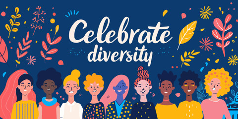 Fototapeta premium diverse group of people lined up on a celebrate diversity announcement card