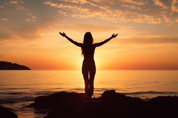 A woman practicing yoga at sunrise, highlighting wellness and tranquility copy space, yoga, serene, Silhouette, Beach backdrop