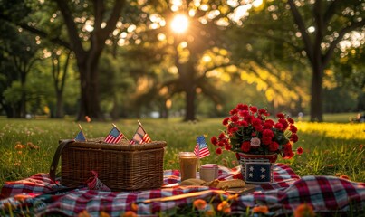 A professional photo of a beautifully arranged picnic setup in a peaceful meadow, with American flags, red, white, and blue decorations, and a classic picnic basket, taken during golden hour