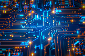 Obraz premium A tight shot of a computer circuit board showcases blue and orange lights at its bottom edge