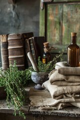 medicinal flowers and herbs on the book table. selective focus