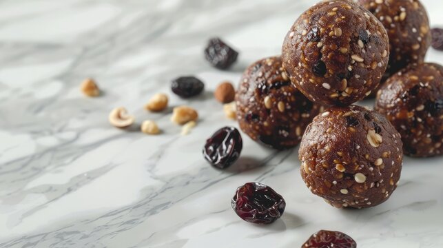 Homemade energy balls made with dates nuts dried fruits and cocoa on a marble background Organic dried fruit snacks